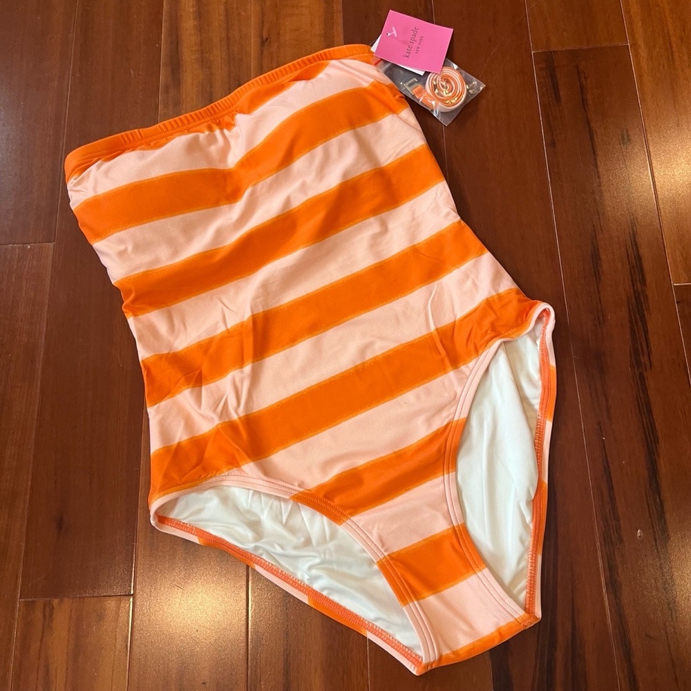 New NWT Kate Spade Swimsuit Orange Soda Stripe One-Piece Straps Size Small‎